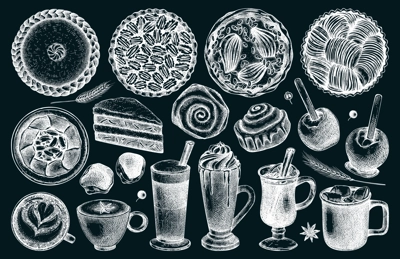 Autumn dessert collection. Thanksgiving dinner illustrations. Fall festival food and drinks sketches. Sketched fall food drawings. Thanksgiving table hand drawn icons on chalkboard